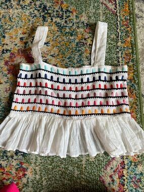 White Embroidered Ruffle Hem Camisole with Multicolor Stitching